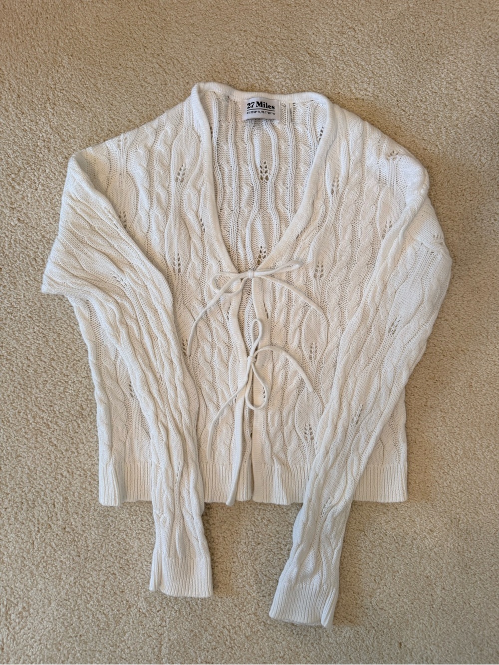 27 Miles White Cable-Knit Tie-Front Cardigan